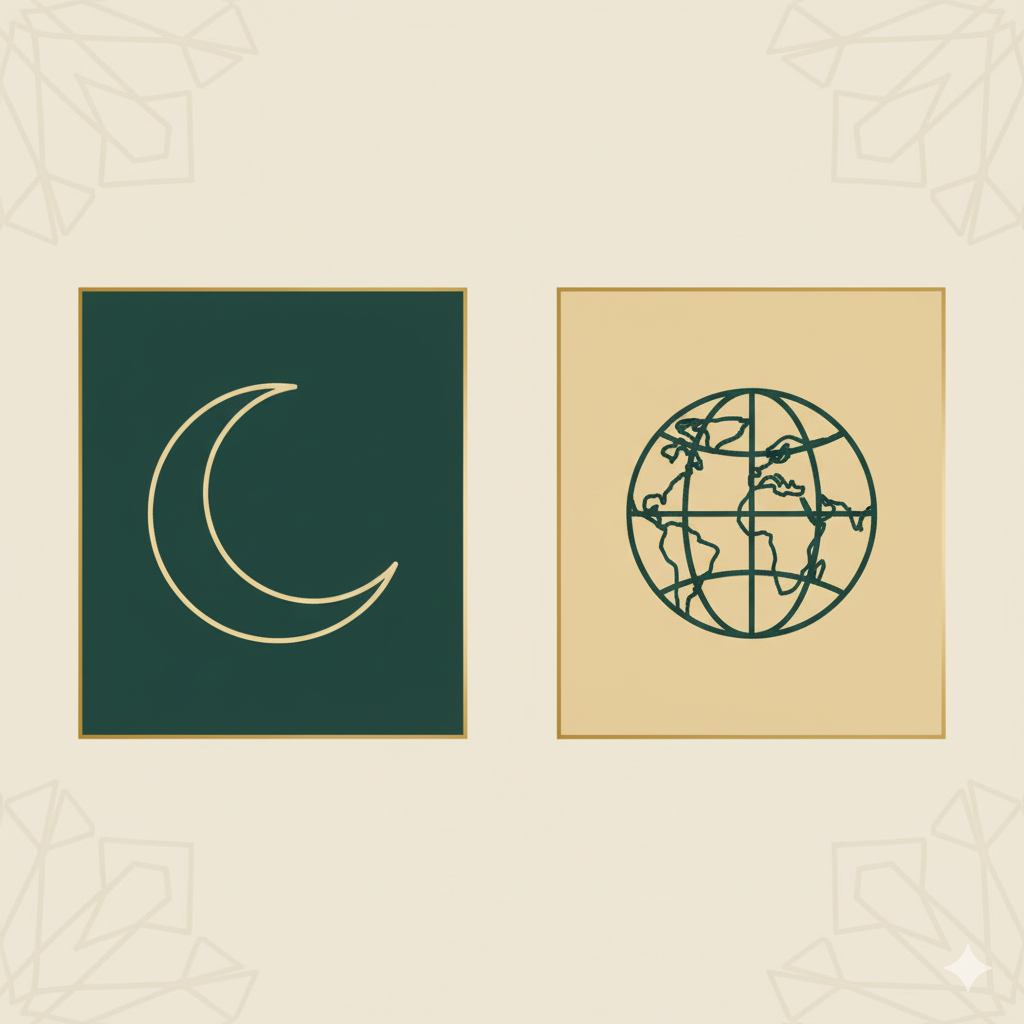 رسم توضيحي للتقويم الهجري والميلادي جنباً إلى جنب مع رموز الهلال والكرة الأرضية