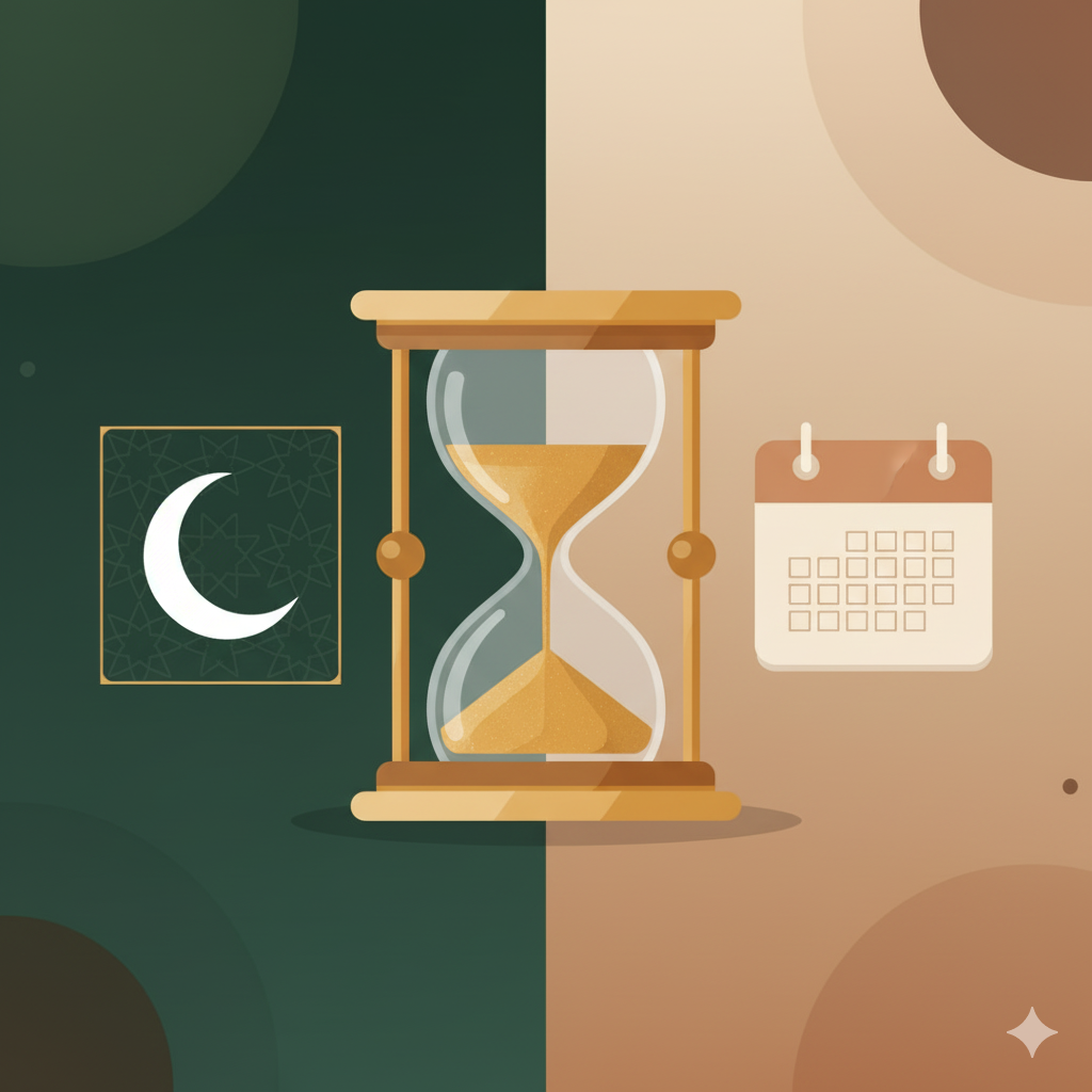 صورة توضح الفرق بين حساب العمر بالهجري والميلادي مع ساعة رملية وهلال وقائمة تقويم