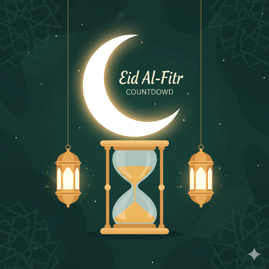 صورة توضيحية لعد تنازلي لعيد الفطر تضم هلال مضيء وفانوس إسلامي مع ساعة رملية وزخارف هندسية باللون الأخضر الداكن والذهبي