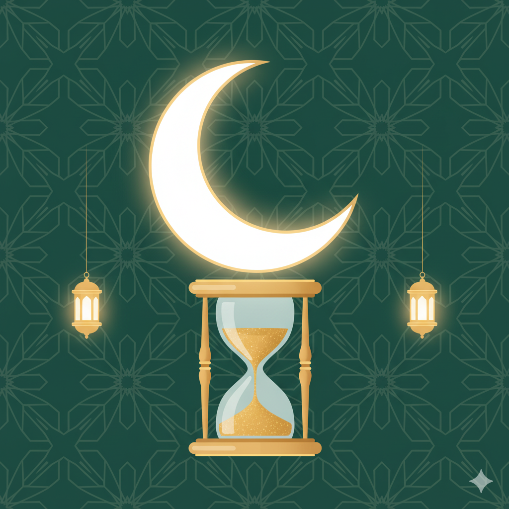 Digital illustration of a crescent moon, hourglass, and lanterns symbolizing the countdown to Ramadan, in green and golden beige colors.