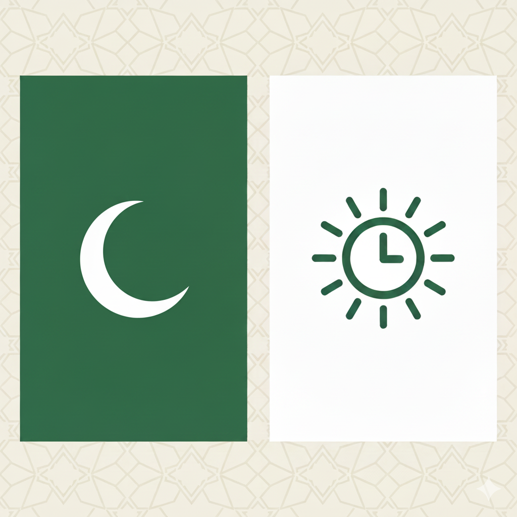 Flat illustration showing Hijri calendar with crescent moon and Gregorian calendar with sun symbol, on Arabic geometric background