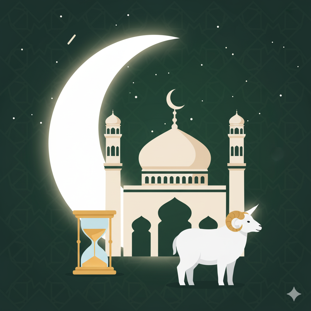 رسم توضيحي لعد تنازلي لعيد الأضحى مع هلال ومسجد وخروف بتصميم إسلامي أنيق