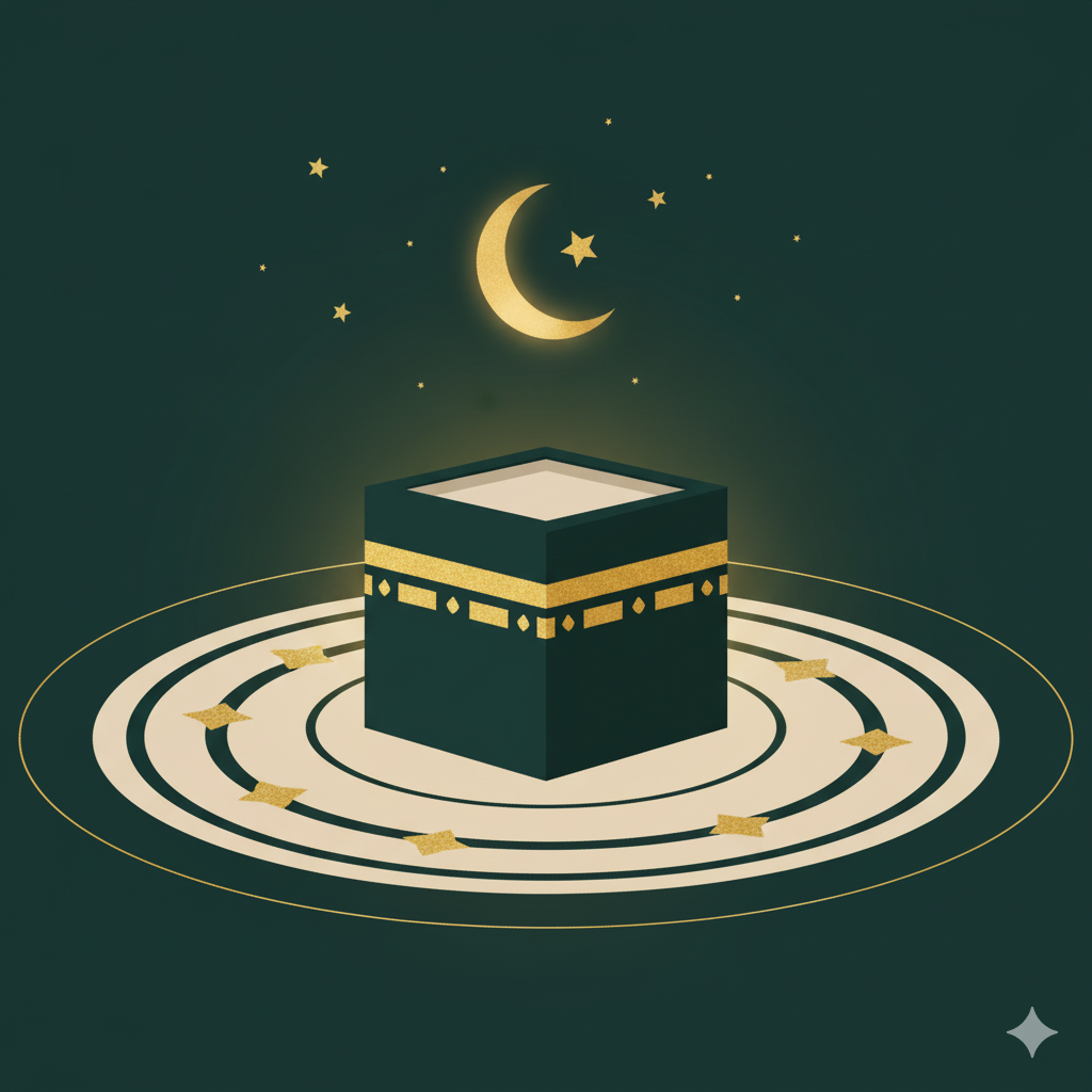 رسم للكعبة المشرفة تحت هلال ونجوم مع أجواء رمضانية بألوان خضراء وذهبية