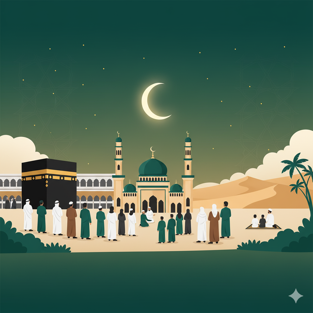 أشخاص في العالم الإسلامي ينظرون إلى الهلال بجوار معالم إسلامية لتحديد بداية الشهر الهجري